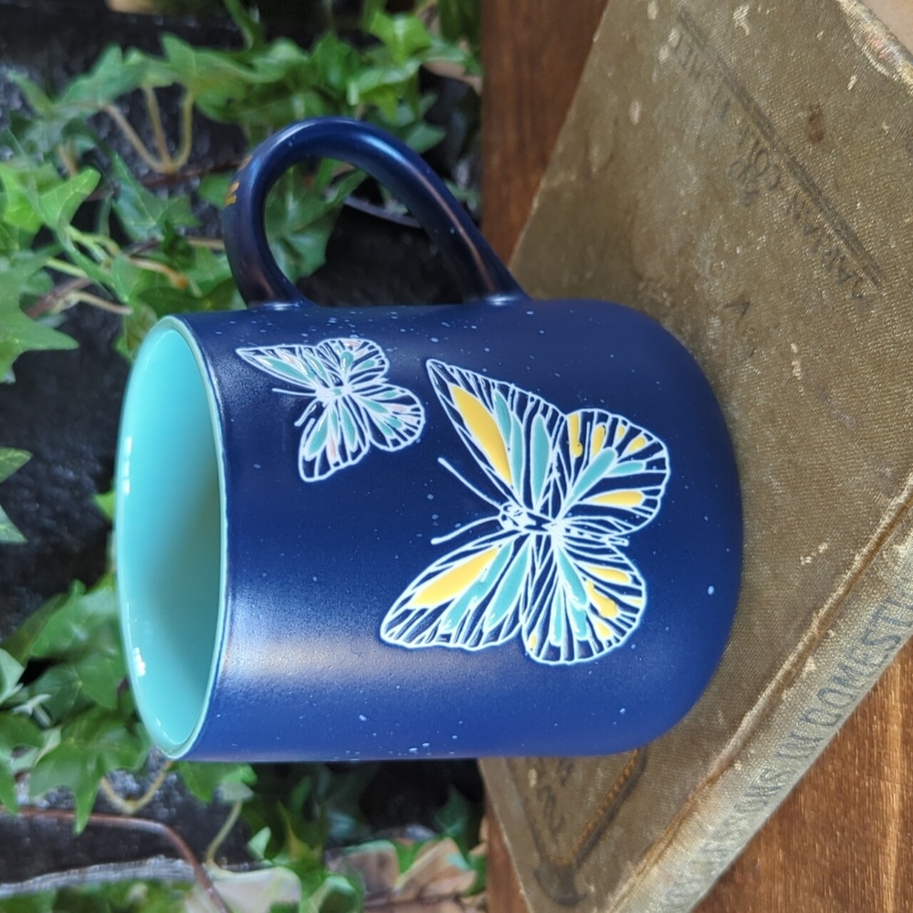 Seeds & Sunshine Butterfly Splatter Paint Navy Teal Yellow Coffee Tea Mug Cup